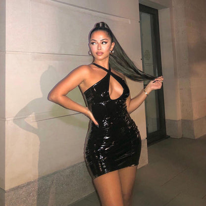 Metallic Faux Leather Cutout Camisole Dress Backless | noémi