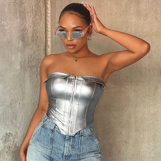 Metallic Faux Leather Corset Top | Silver ZipUp Boned Tube Top with Off Shoulder Detail | noémi