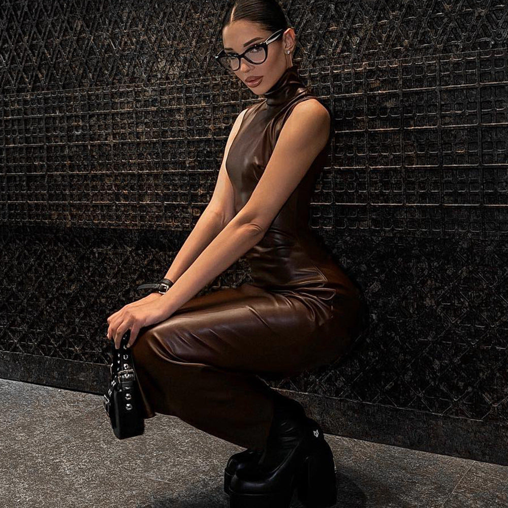 Womens Sleeveless Faux Leather Turtleneck Sheath Dress with Waist Detail and Side Slit | noémi