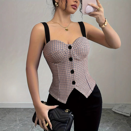 Retro Plaid Corset Tube Top | Button Front, Slim Fit, French Chic Style | noémi