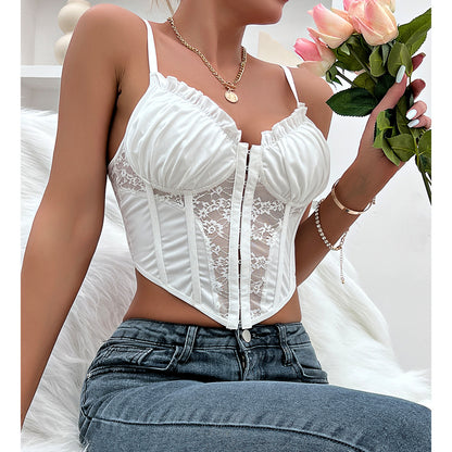 Satin Lace Corset Top | Bustier Crop Top with Boning & Lace Detail | Adjustable Straps | noémi