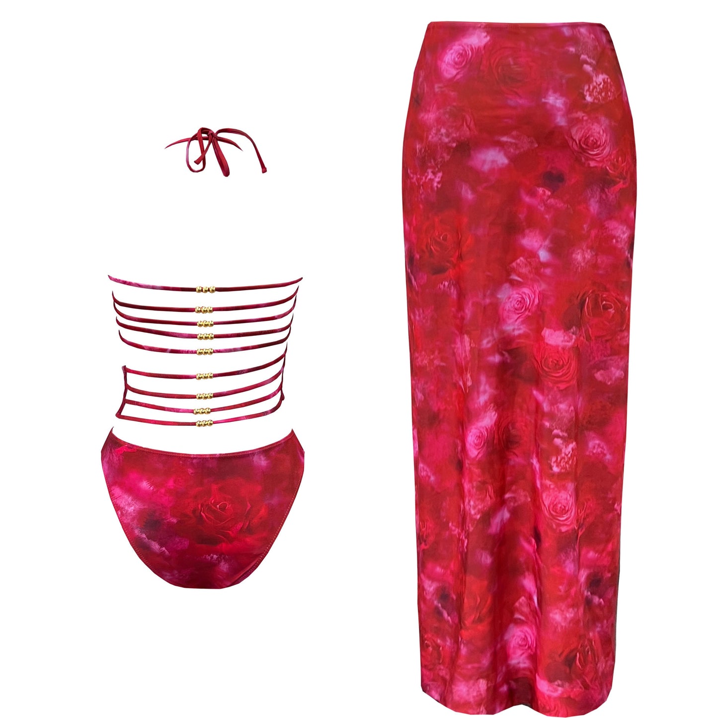 Retro Print Multi Strap Cutout Swimsuit & Wrap Skirt Set | Two Piece Beachwear | noémi