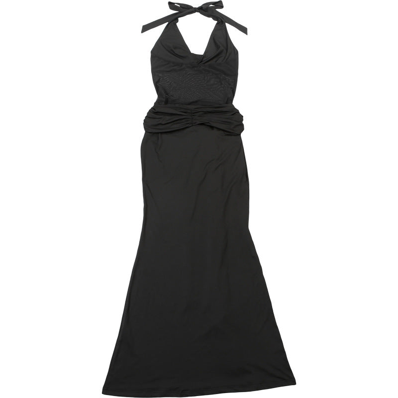 Mesh Halter Dress | Slim Fit Semi Sheer Stitching Tie Back | noémi