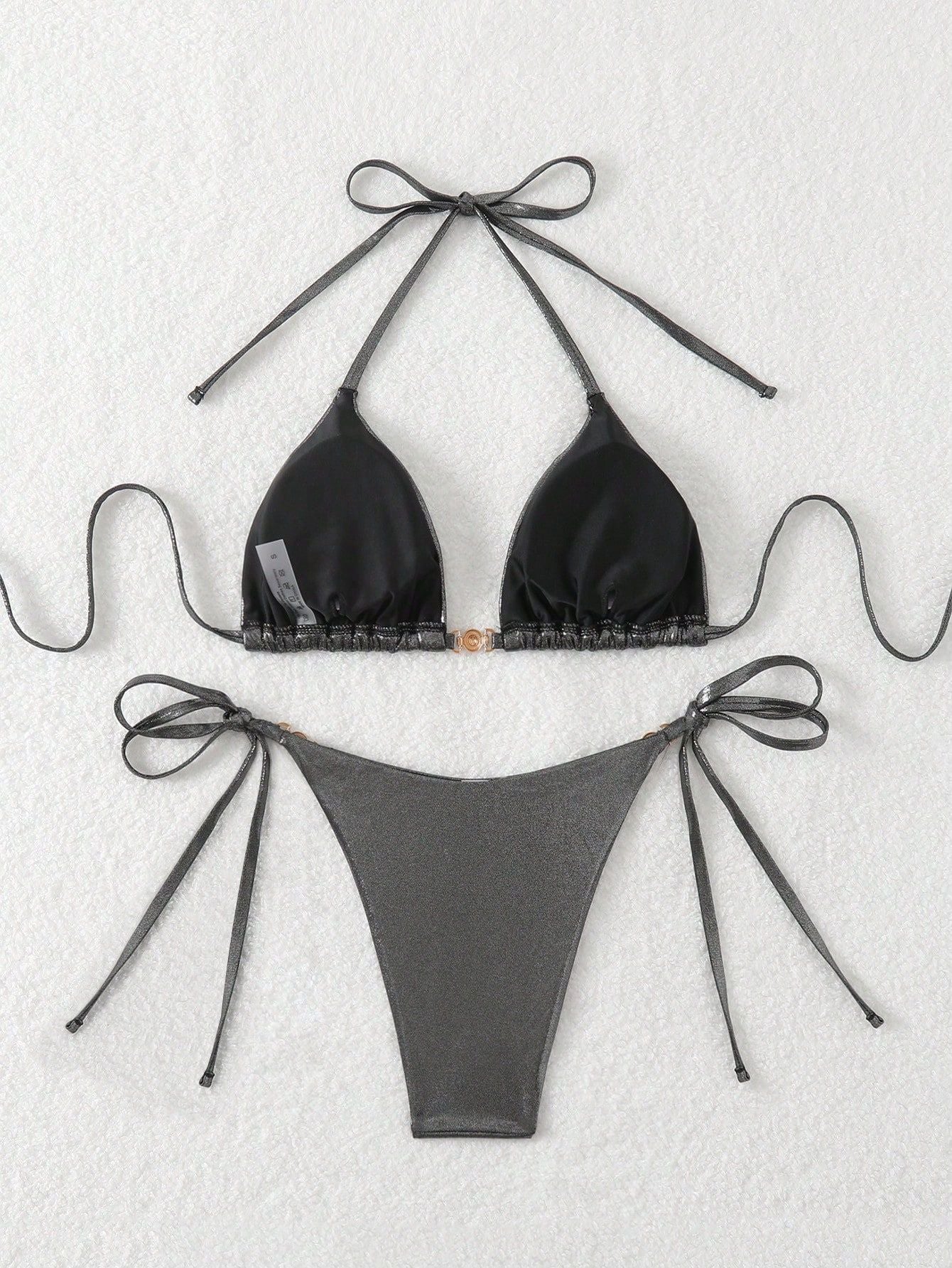 Solid Color Halter Bikini with Split Design and Lacing Detail | noémi