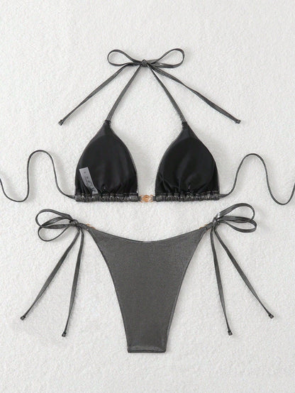 Solid Color Halter Bikini with Split Design and Lacing Detail | noémi