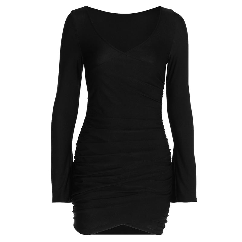 V Neck Long Sleeve Pleated Fitted Mini Dress | noémi