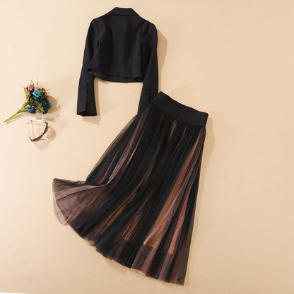 Double Breasted Green Collar Top Multi Layer Mesh Pleated Skirt Set | noémi