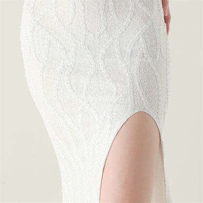 Womens Beaded Sequin Mesh Dress | Strapless Fishtail Maxi Dress | noémi