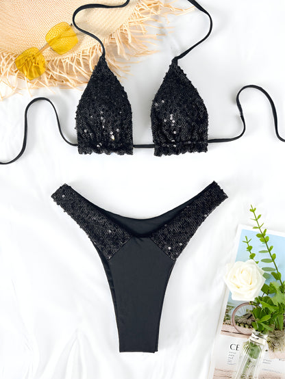 Double Strap Bikini Set with Solid Color and Sequin Detail | noémi