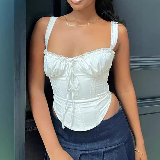 Ruched Corset Tank Top | Vintage Lace Up Back, Neckline | noémi