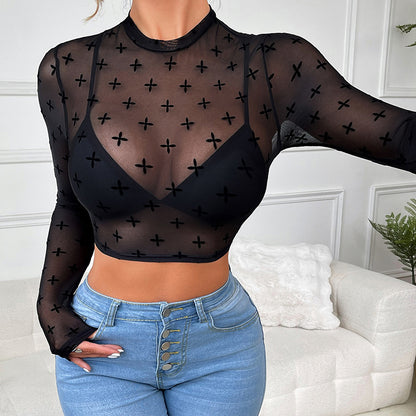 Sheer Mesh Slim Fit Long Sleeve Transparent Top | noémi