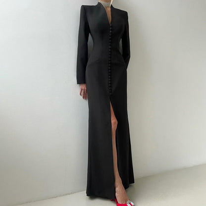 Blazer Gown | Structured Long Sleeve Maxi Dress with Slit, Tuxedo | noémi