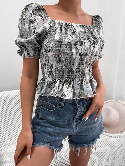 Womens Sleeve Smocked Top | Ruffle Hem, Leopard Print, Off Shoulder | noémi