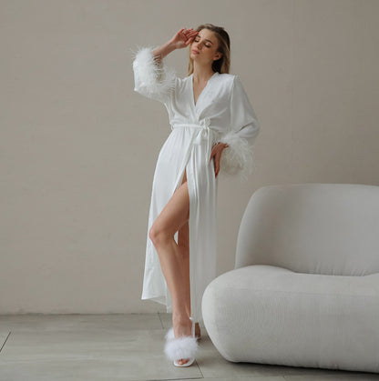 White Satin Feather Trim Robe | Bridal Lounge Robe, Belted Kimono Style | noémi