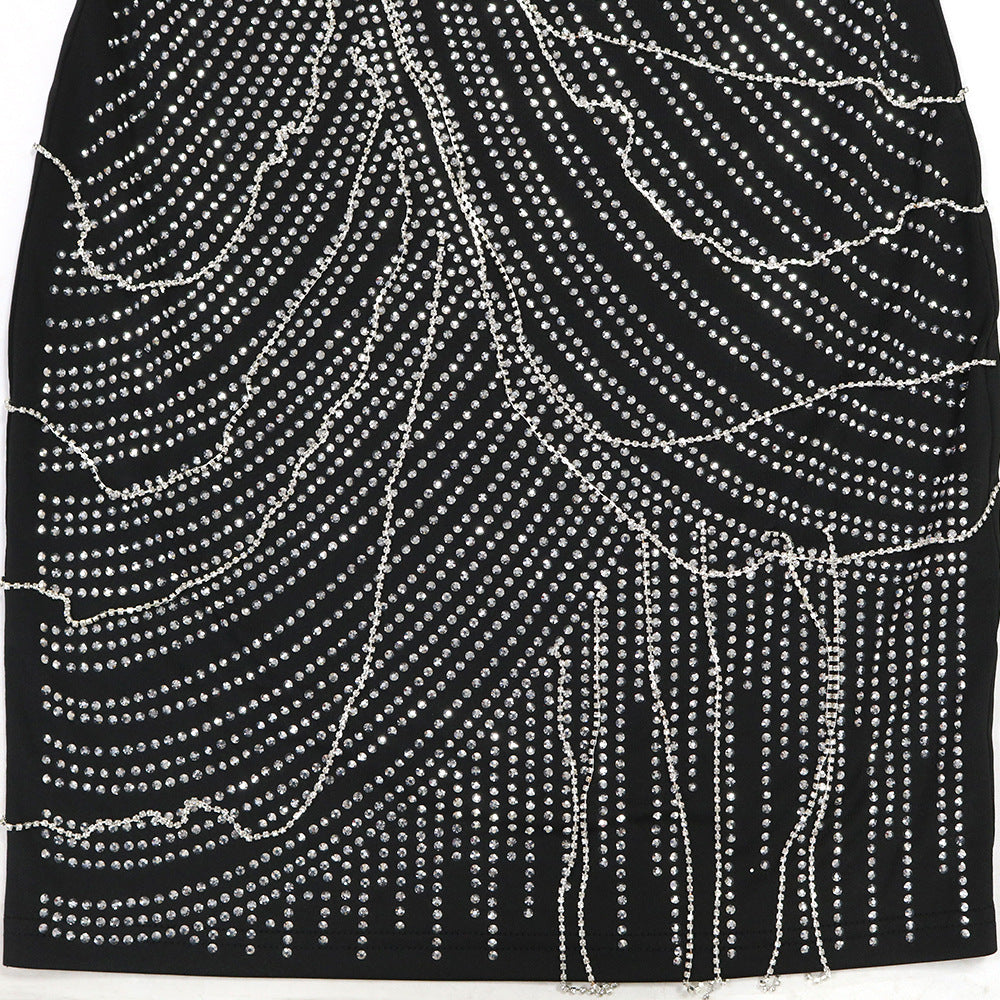 Mesh Panel Milk Silk Dress with Chain Straps and Rhinestone Detail | noémi