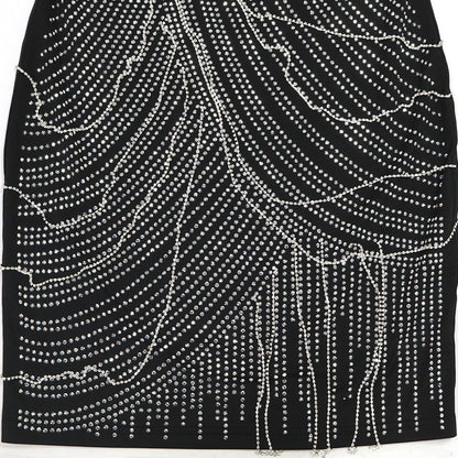 Mesh Panel Milk Silk Dress with Chain Straps and Rhinestone Detail | noémi