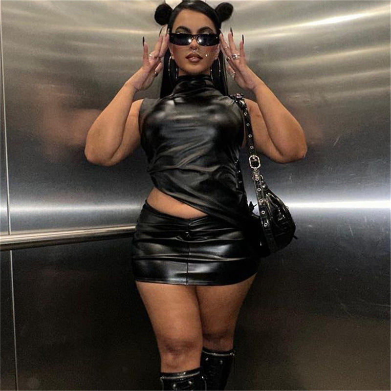 Faux Leather Two Piece Set | Sleeveless Cropped Top Pleated Skirt | noémi