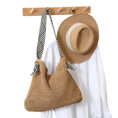 Navy Straw Shoulder Tote Bag – Hand-Woven, Striped-Handle Beach Carryall | noémi