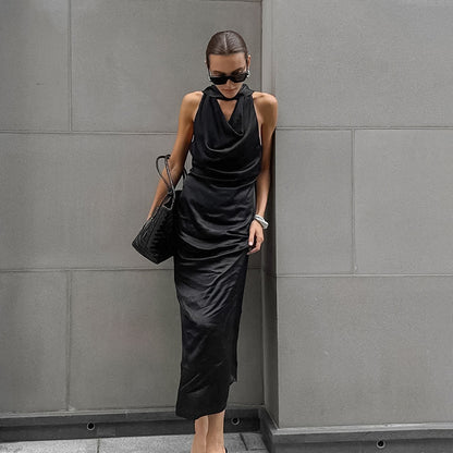 Black Off Shoulder Satin Dress | Swing Skirt Self Tie Waist | noémi