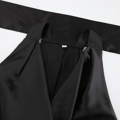 Black Off Shoulder Satin Dress | Swing Skirt Self Tie Waist | noémi