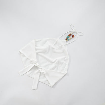 White Halter Tie Back Top with Gemstone Beaded Neck | noémi