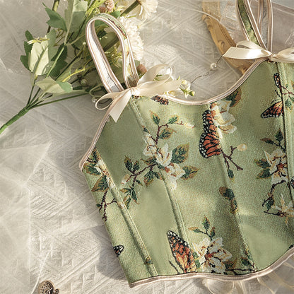 Floral Print Bow Shoulder Strap Corset Vest with Fitted Silhouette | noémi