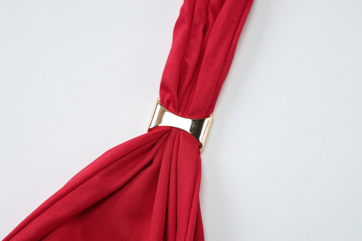 Women's Deep V Plunge Halter Crop Top with Metal Accent | Backless, Tied Tube Style | noémi