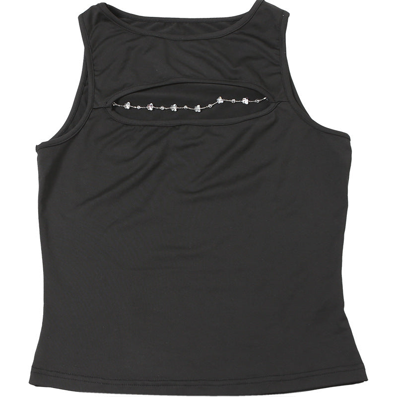 Cutout Black Sleeveless Tank Top | Bold Keyhole Detail with Rhinestone Chain | noémi