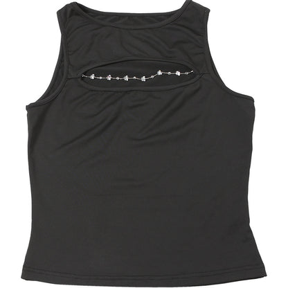 Cutout Black Sleeveless Tank Top | Bold Keyhole Detail with Rhinestone Chain | noémi