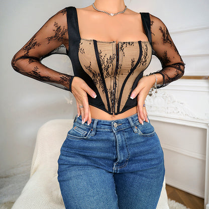 Lace Corset Blouse | Slim Fit Boned Bodice Square Neck | noémi