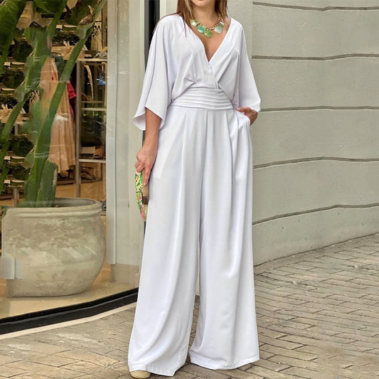 Women’s V Neck Wide Leg Jumpsuit | Batwing Sleeves, Waist Trim Fit, Backless | noémi