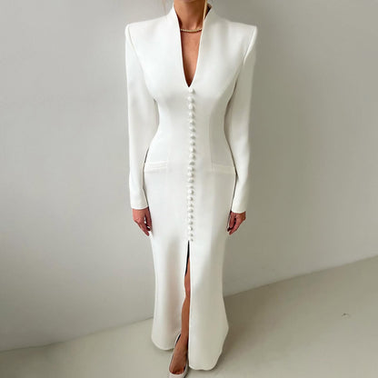 Blazer Gown | Structured Long Sleeve Maxi Dress with Slit, Tuxedo | noémi