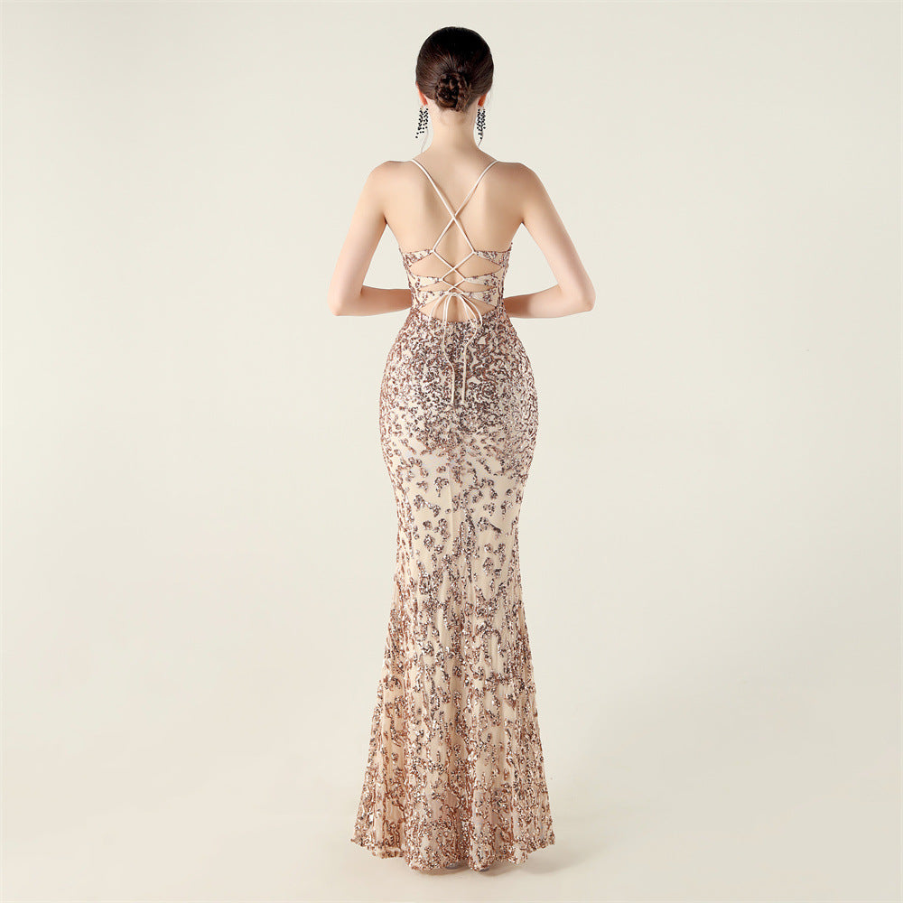 Beaded Sequin LaceUp Gown | Deep V Heart Neckline, Waist Trimmed, Backless | noémi