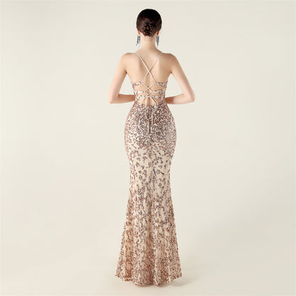 Beaded Sequin LaceUp Gown | Deep V Heart Neckline, Waist Trimmed, Backless | noémi