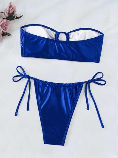 Blue Lace Up Split Two Piece Bikini Set with Tube Top | noémi
