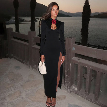 Womens Long Sleeve High Slit Dress with Stand Collar and Cutout Detail | noémi