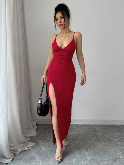 Womens Red Bodycon Maxi Dress | Spaghetti Strap with High Slit & Open Back | noémi