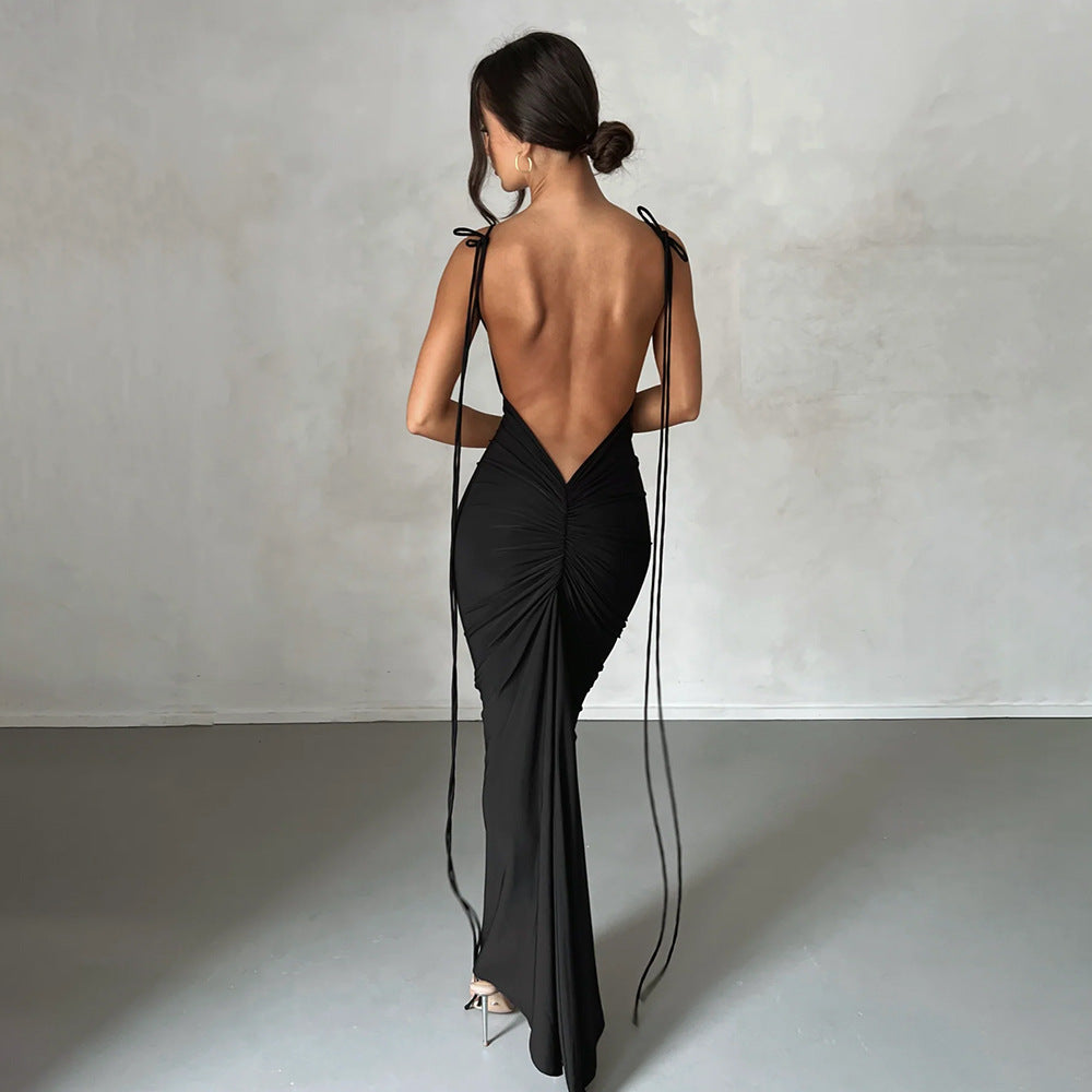 Backless Pleated Sleeveless Dress with Straps | noémi