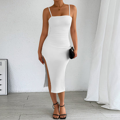 White Suspender Summer Sheath Dress | Backless with Side Slit | noémi