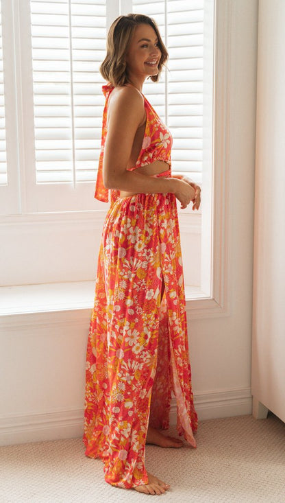 Womens Floral V Neck Maxi Slip Dress | Backless, Split | noémi