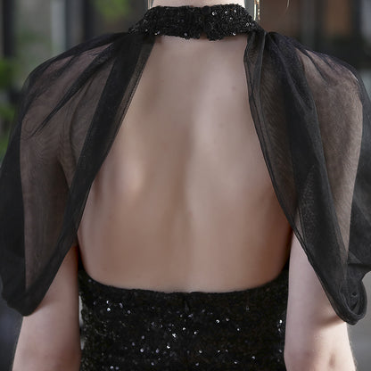 Sequin Gown with Sheer Cape | Sparkling Maxi Fishtail Dress | noémi