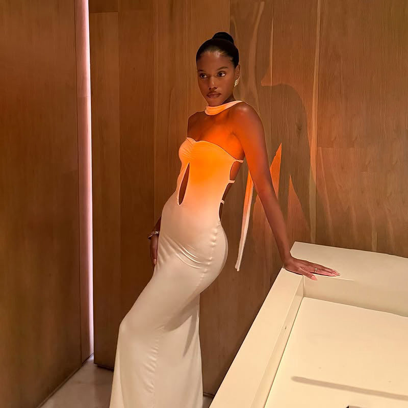 Womens Cutout Backless Long Sheath Dress with Scarf Detail | noémi