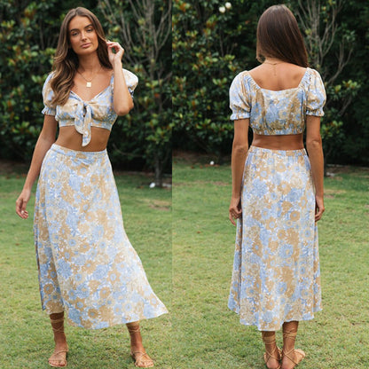Vintage Floral Womens Crop Top & Maxi Skirt Set | Short Puff Sleeves & Slit Hemline | noémi