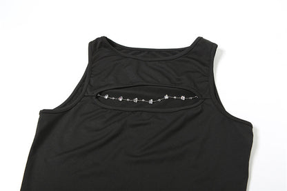 Cutout Black Sleeveless Tank Top | Bold Keyhole Detail with Rhinestone Chain | noémi