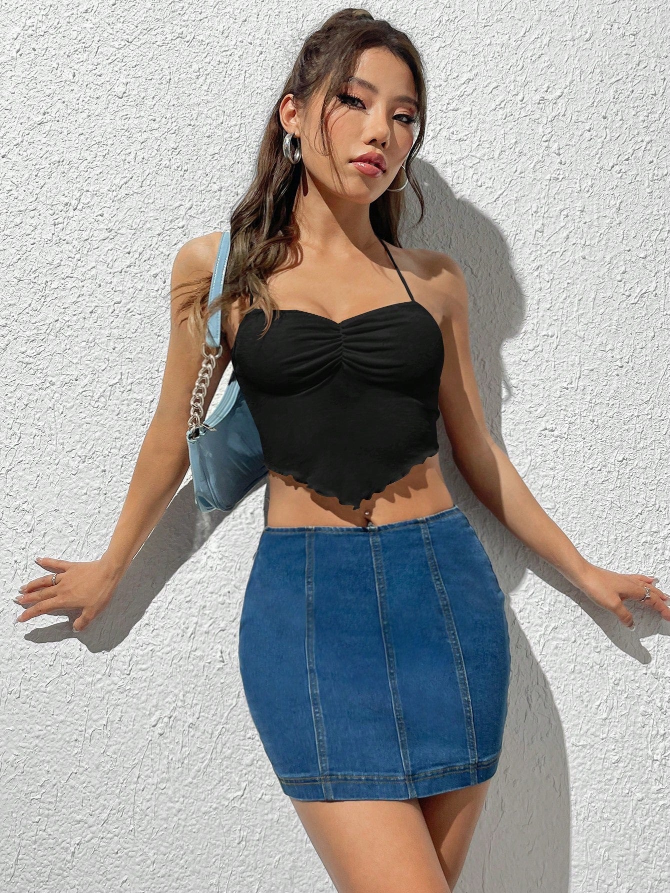 Halter Neck Black Ruched Handkerchief Hem Cami Top | noémi