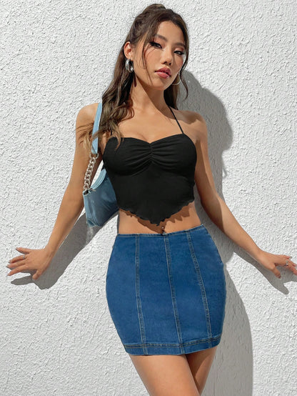 Halter Neck Black Ruched Handkerchief Hem Cami Top | noémi