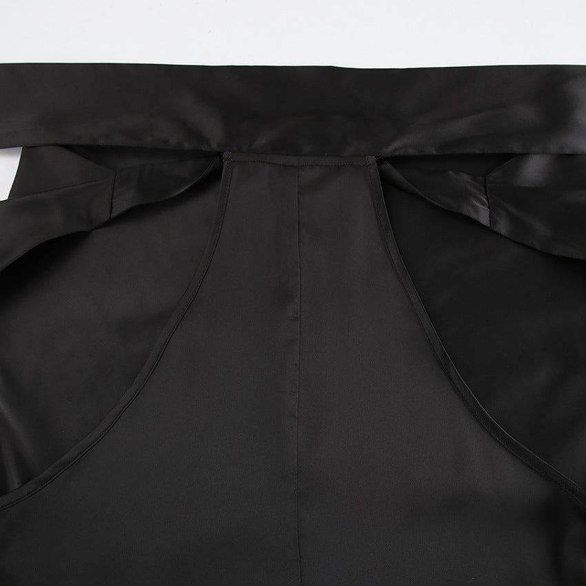 Black Off Shoulder Satin Dress | Swing Skirt Self Tie Waist | noémi