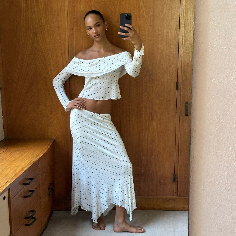 Fall Off Shoulder Knit Two Piece Set | Polka Dot Crop Top & Low Waist Midi Skirt | noémi