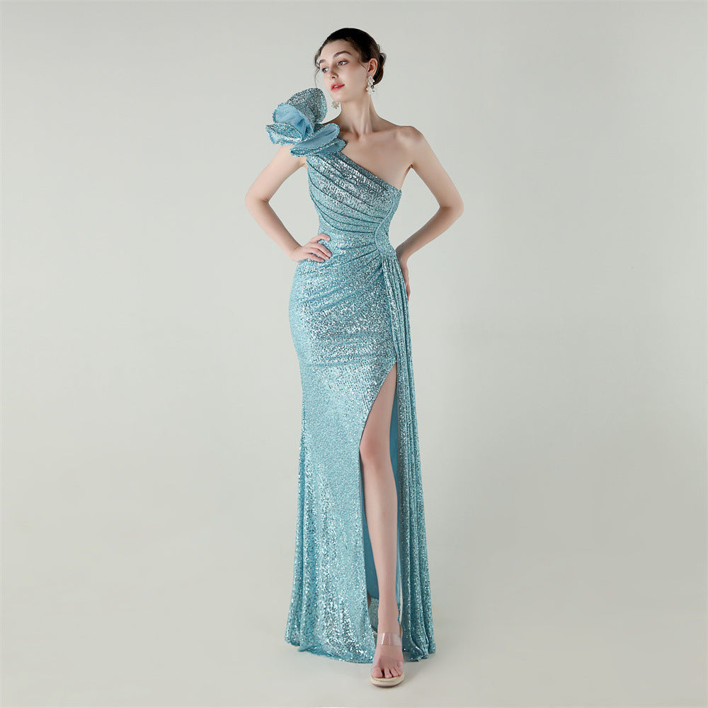 Womens One Shoulder Sequin Beaded Fishtail Gown | Floral Detail, Slim Fit | noémi