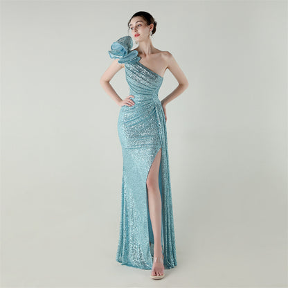Womens One Shoulder Sequin Beaded Fishtail Gown | Floral Detail, Slim Fit | noémi